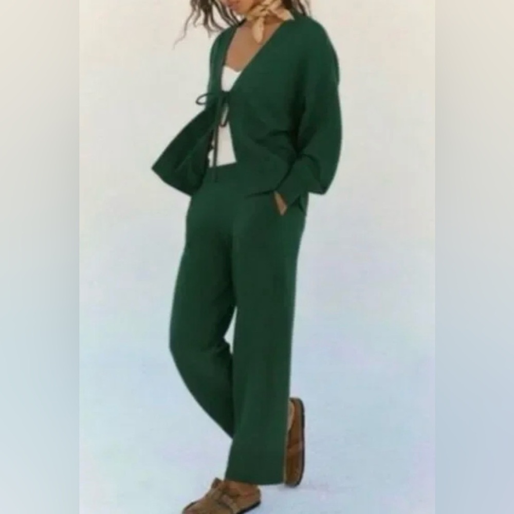 NWT Free People Size L Emerald Knit Set Tie-Front Cardigan Wide-Leg Lounge Boho